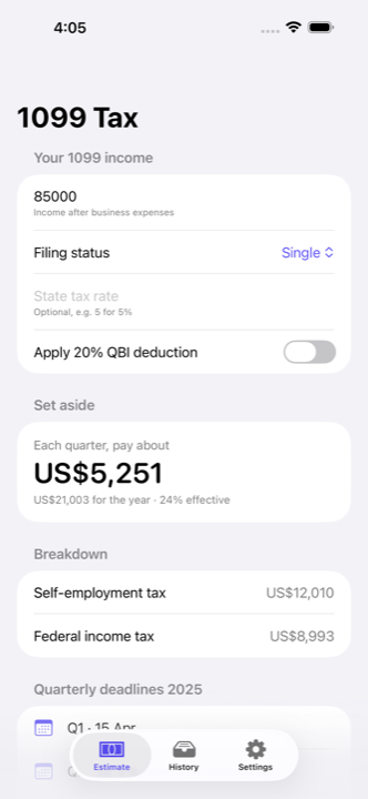 Estimator result screen