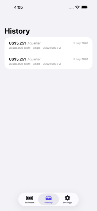 Estimate history screen